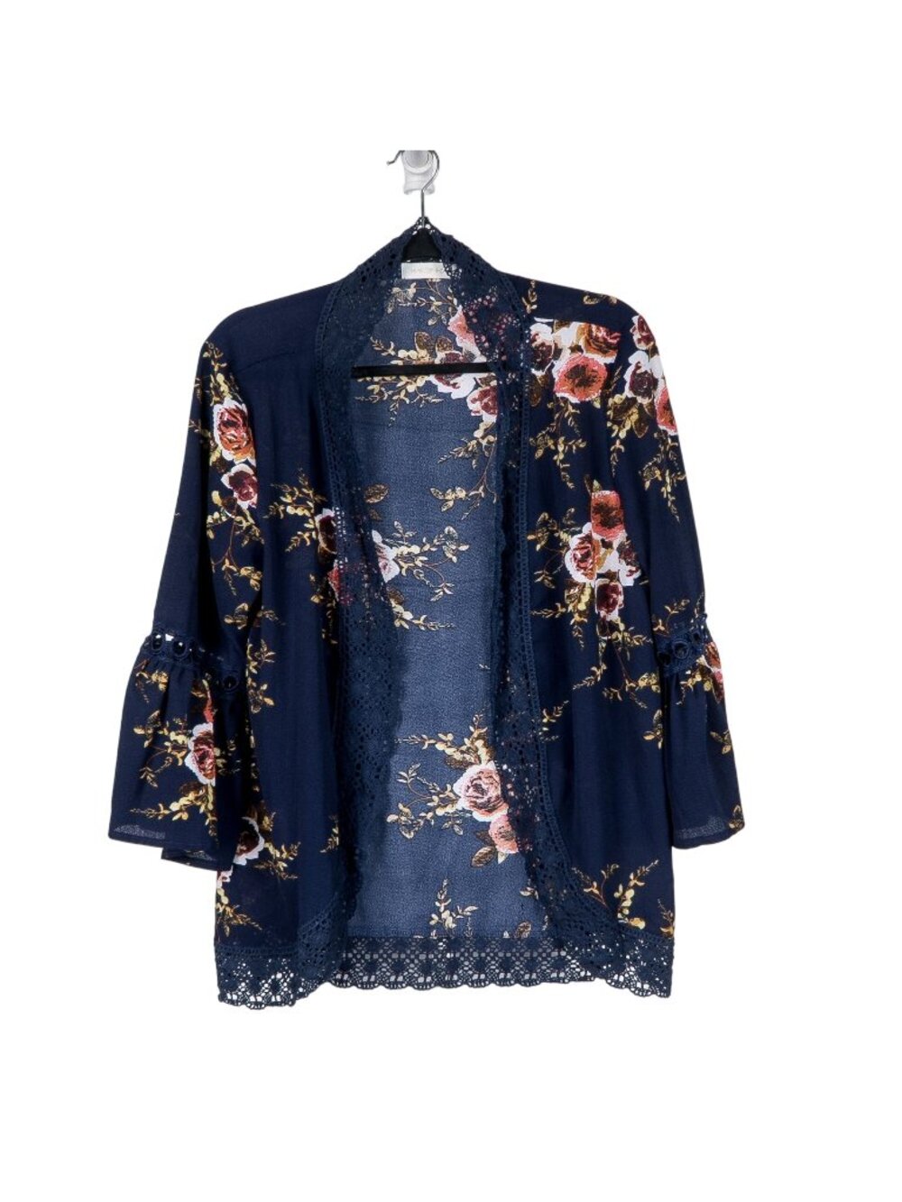 Floral Cardigan Sweater L Womens Blue Pink Boho Lace Open 3/4 Sleeve Hippie